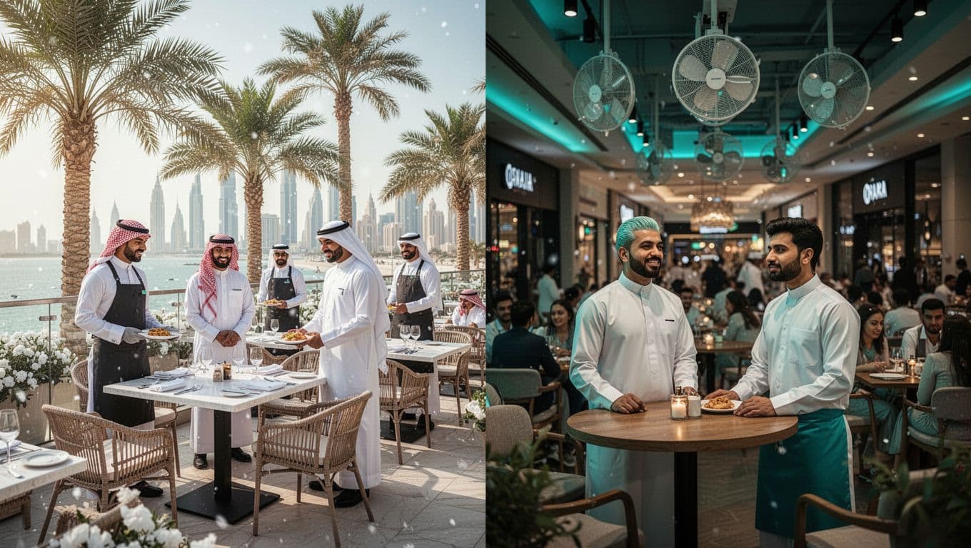 Diverse Arab and South Asian hospitality staff arrange an outdoor winter dining terrace in mild sunny Dubai weather amid palm trees, split with an indoor summer mall cafe featuring cooling fans and blurred evening crowd. Dynamic professional composition with cinematic strong contrast, depth, dramatic lighting, and teal accents.