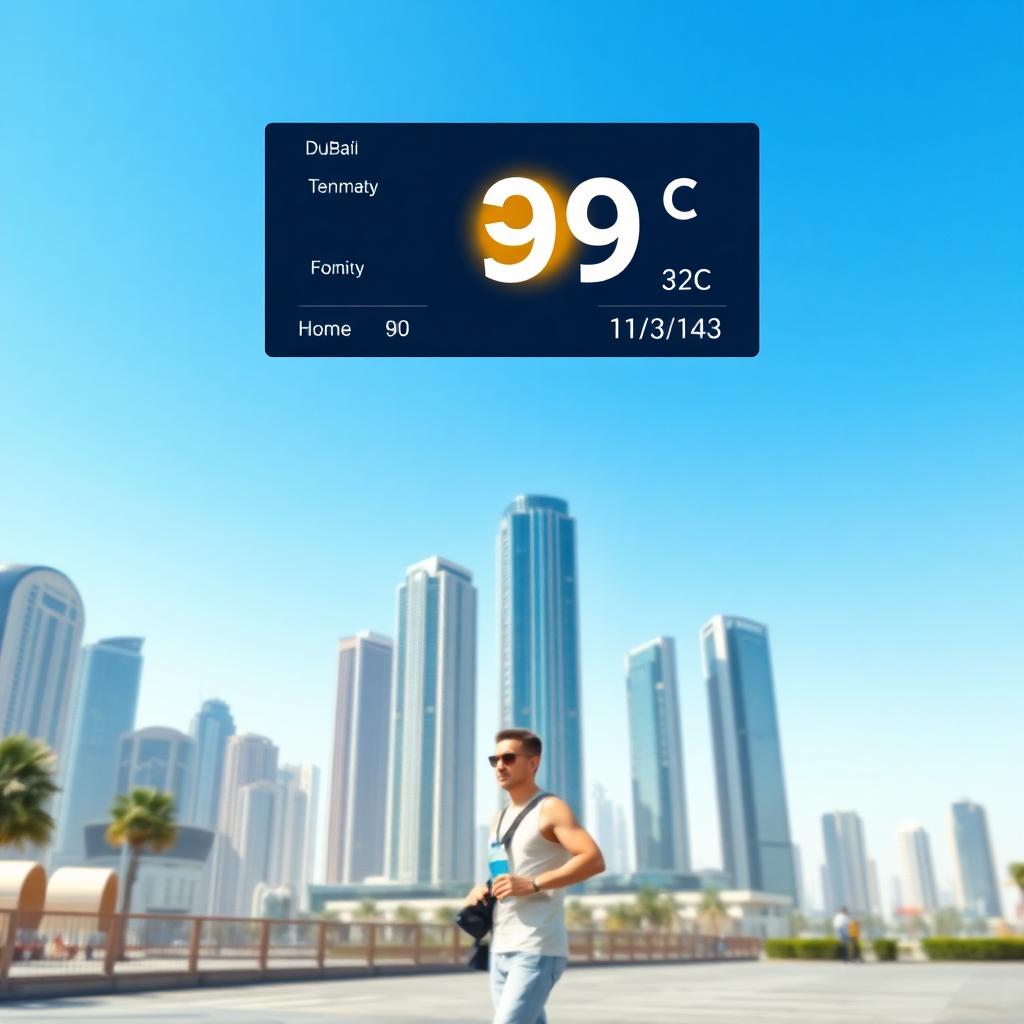 A hot day in Dubai with a pedestrian, visible heat haze, and the skyline under a clear sky. Image created with AI.