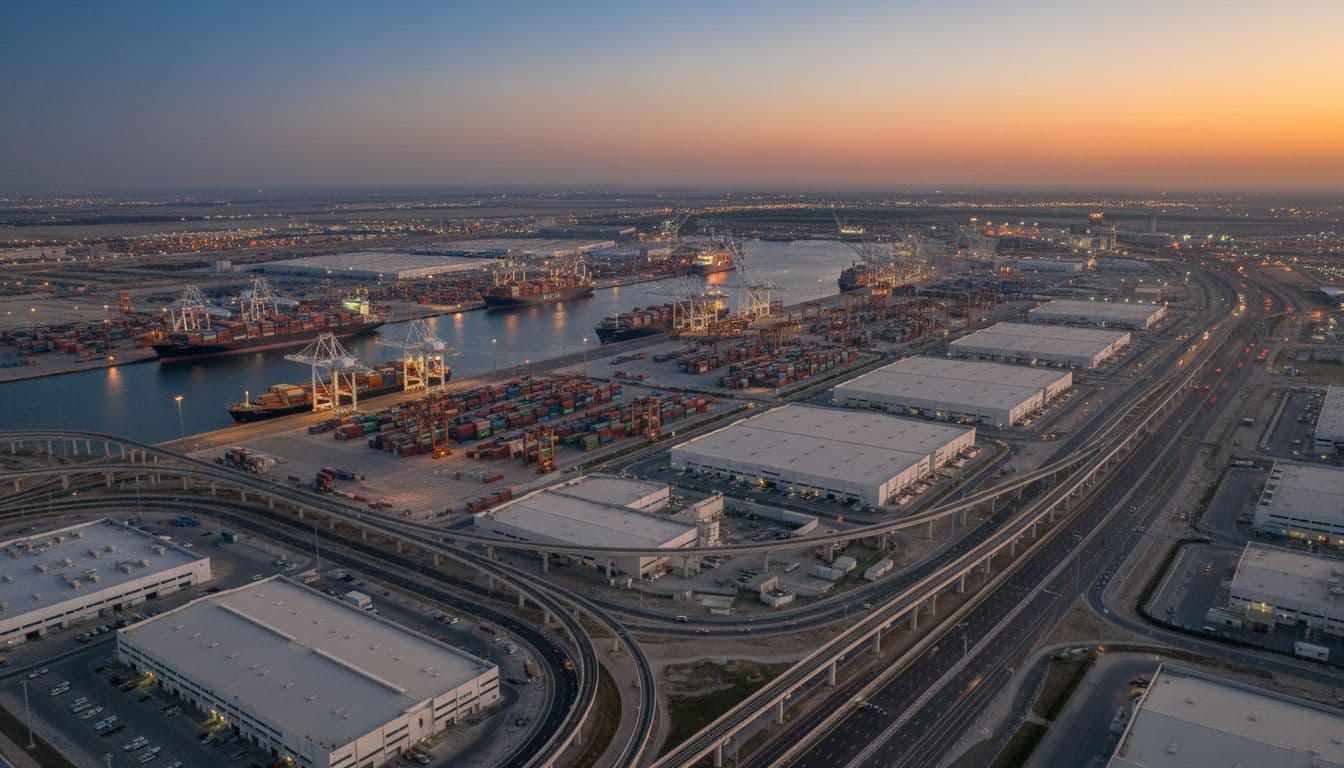 Aerial view of Jebel Ali Free Zone and Dubai port at dusk with container ships, cranes and warehouses