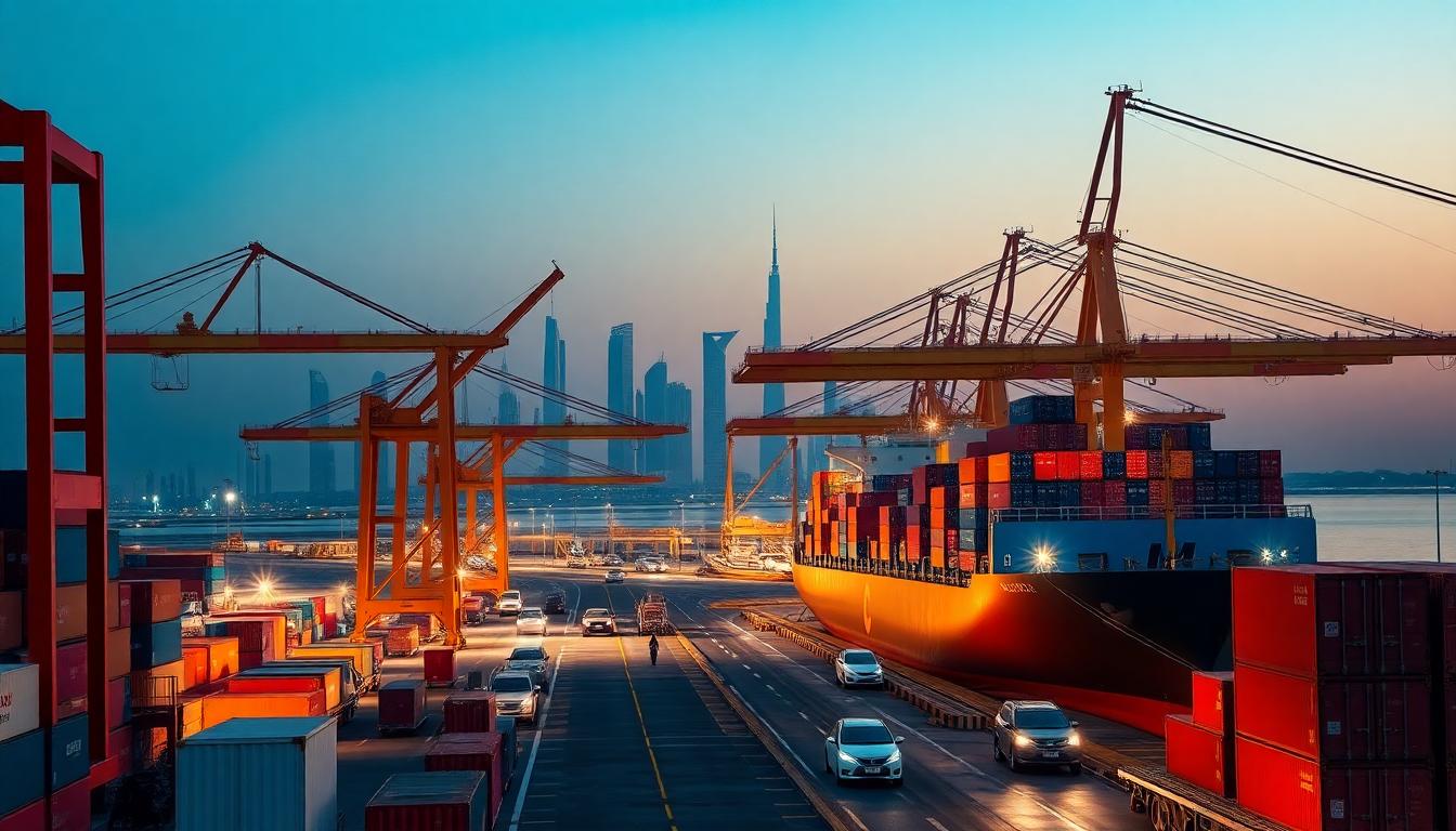 Container cranes, ships, and Dubai skyline at Jebel Ali Port during sunset.