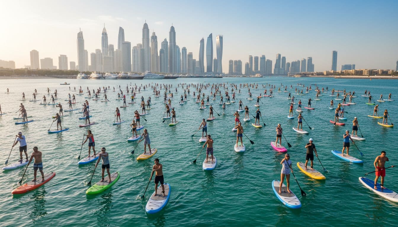 Mass stand-up paddlers in Dubai Marina