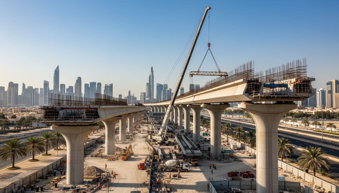 AI image of construction progress on elevated metro tracks representing Dubai Metro Blue Line work