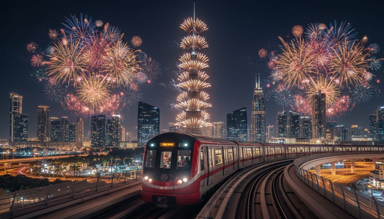 Dubai Metro speeding past Burj Khalifa on New Year’s Eve