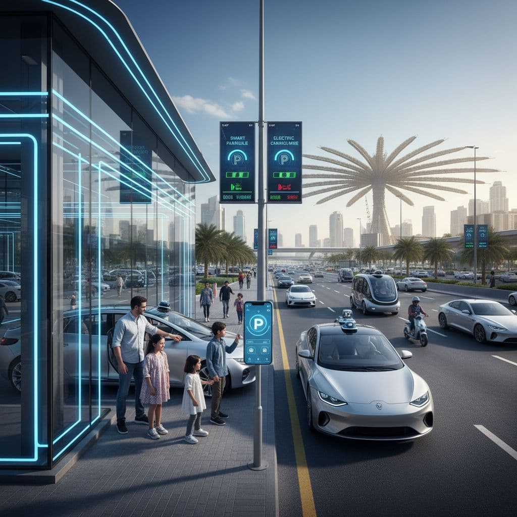 Modern Dubai street with EVs, smart parking signs, and people using phone apps near a high-tech parking structure