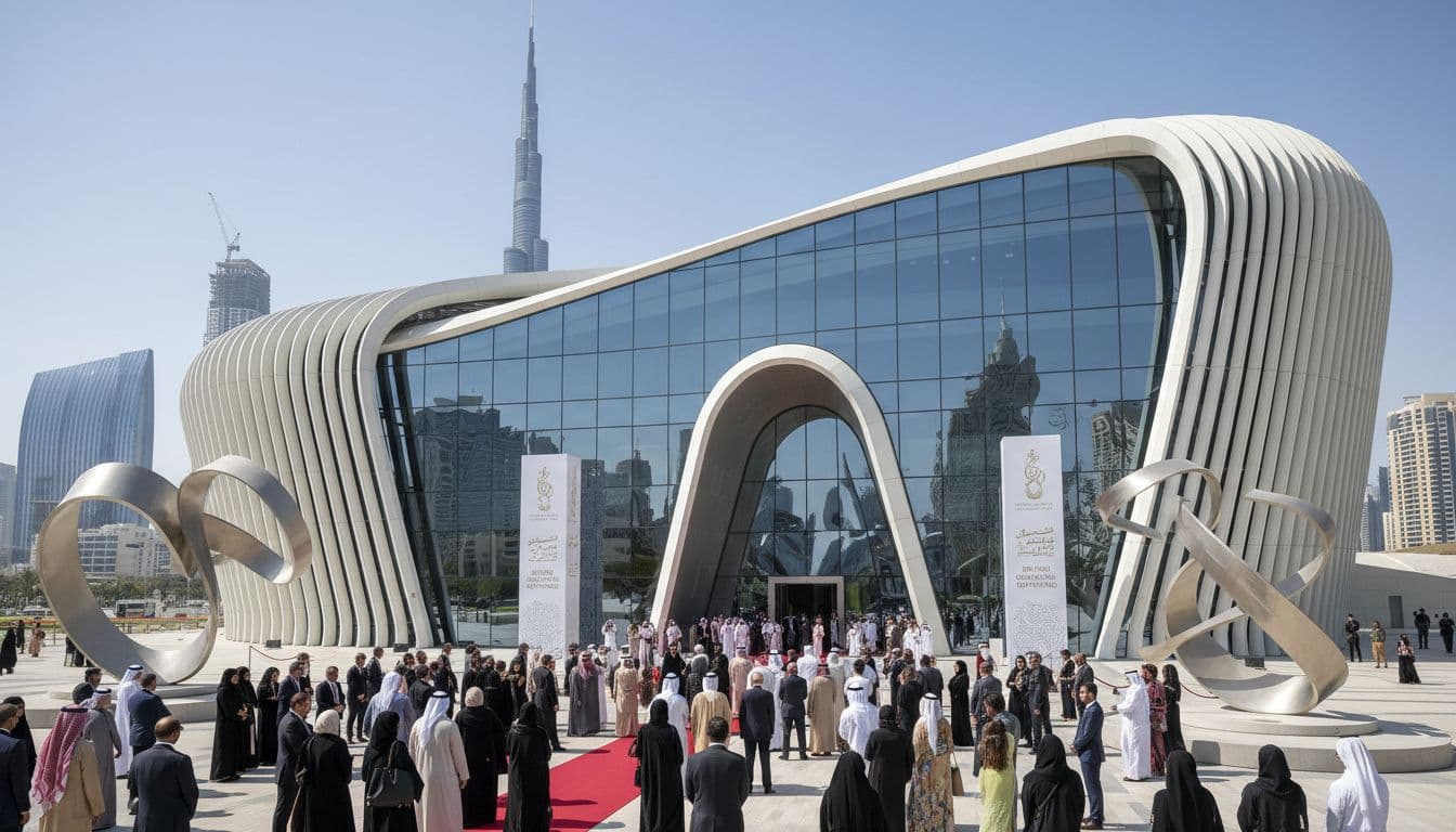 Dubai Museum of Art opening ceremony with visitors, sculptures, and skyline in the background. Image created with AI.