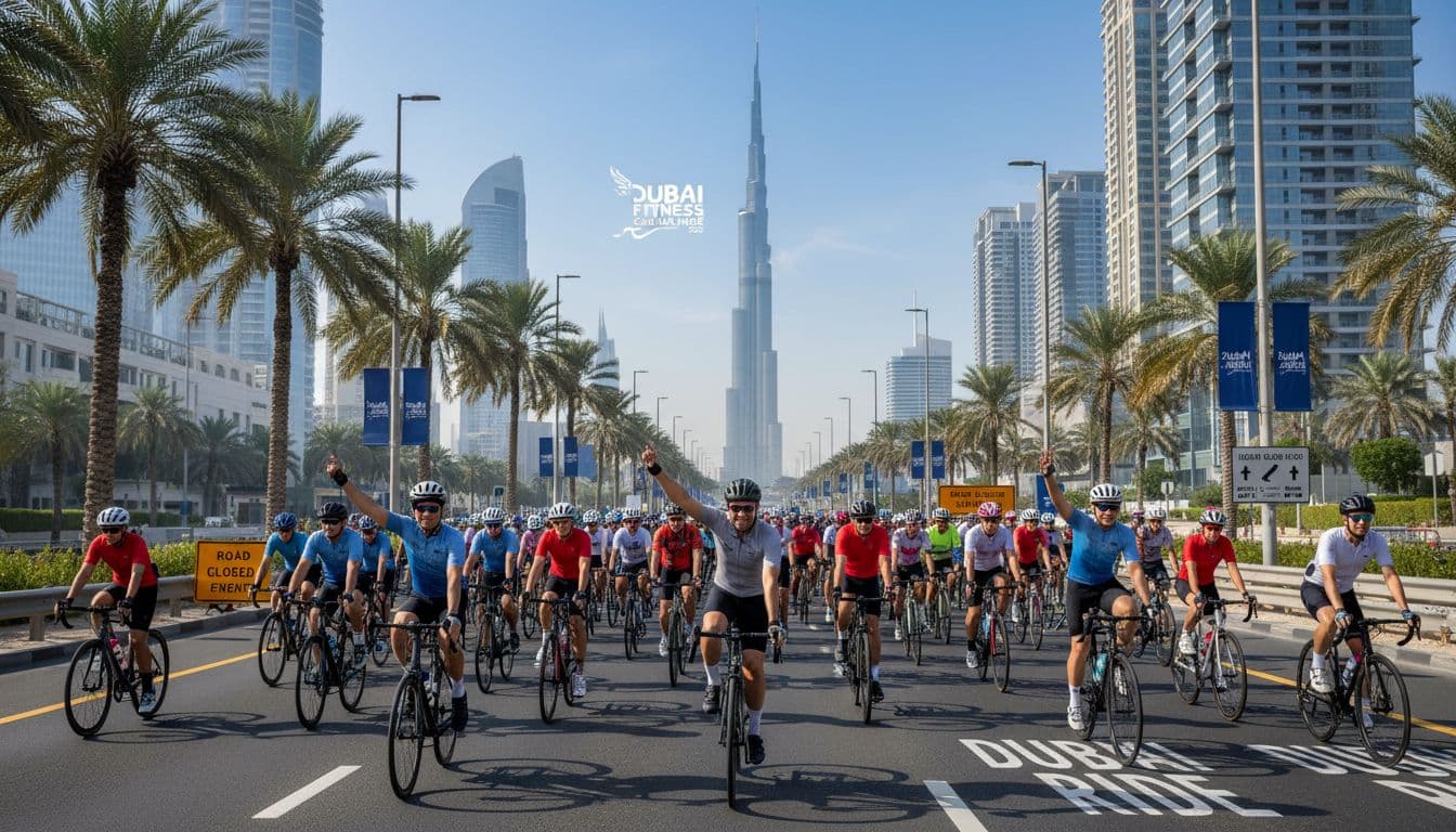 Cyclists taking part in Dubai Ride with the city skyline in the background