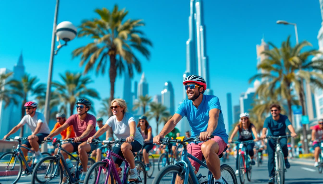 Cyclists of all ages ride on a traffic-free Sheikh Zayed Road with the Burj Khalifa in the distance under clear skies