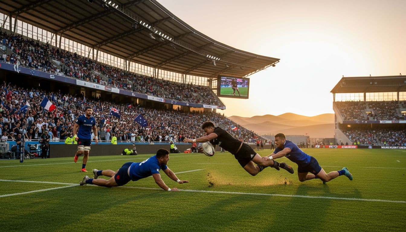 Rugby sevens action at sunset: New Zealand and France contest the opener at Dubai 7s