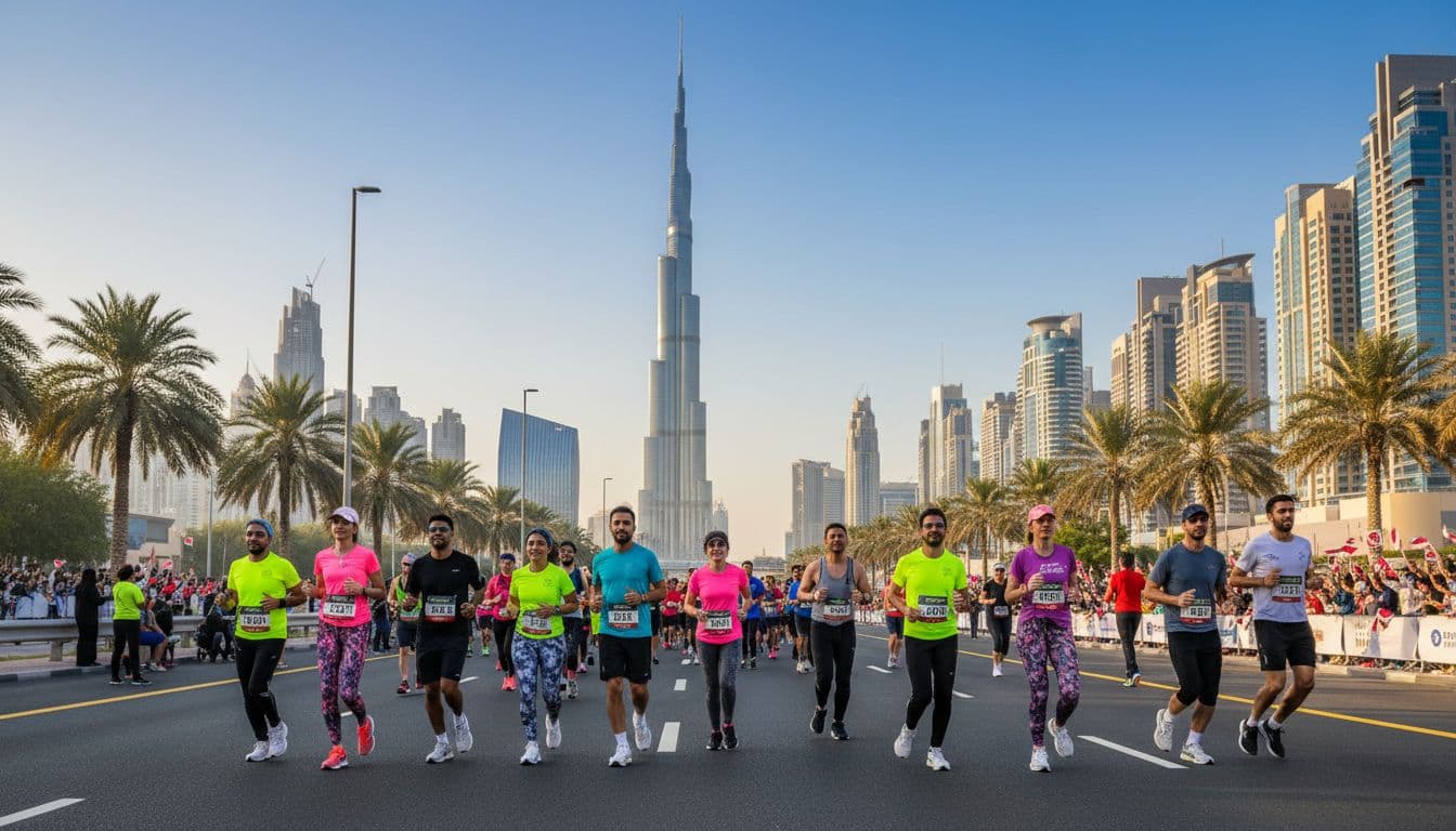 Runners on Sheikh Zayed Road for Dubai Run 2025 at sunrise