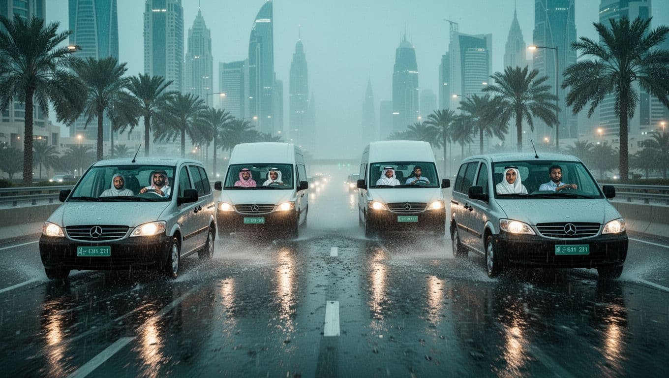 Diverse Arab, South Asian, and Filipino drivers commute on E311 Sheikh Zayed Road in Dubai UAE during heavy rain, facing ponding water, slippery roads, and reduced visibility from spray, fog, dust haze, and low light amid urban skyline and palms.