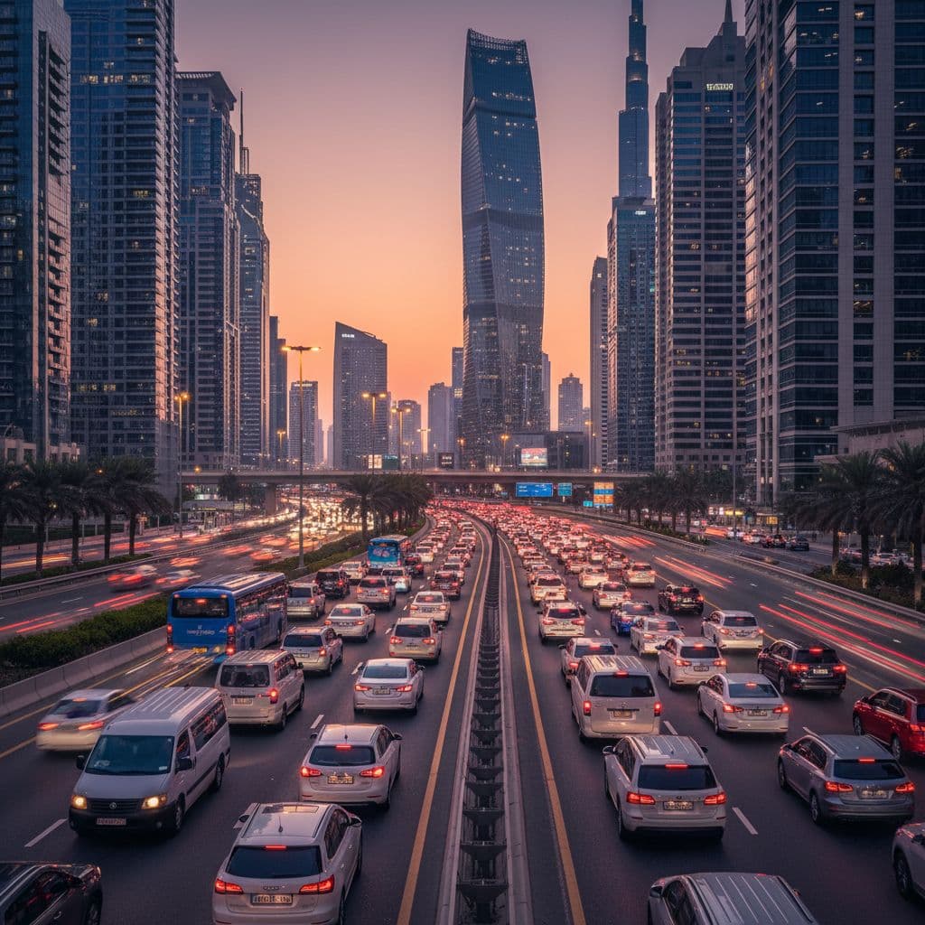 Dubai Sheikh Zayed Road with heavy traffic at rush hour