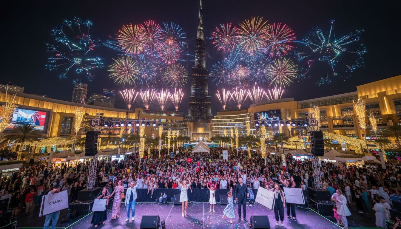 Dubai Shopping Festival 2025 at night in Dubai Mall with fireworks and crowds, image created with AI