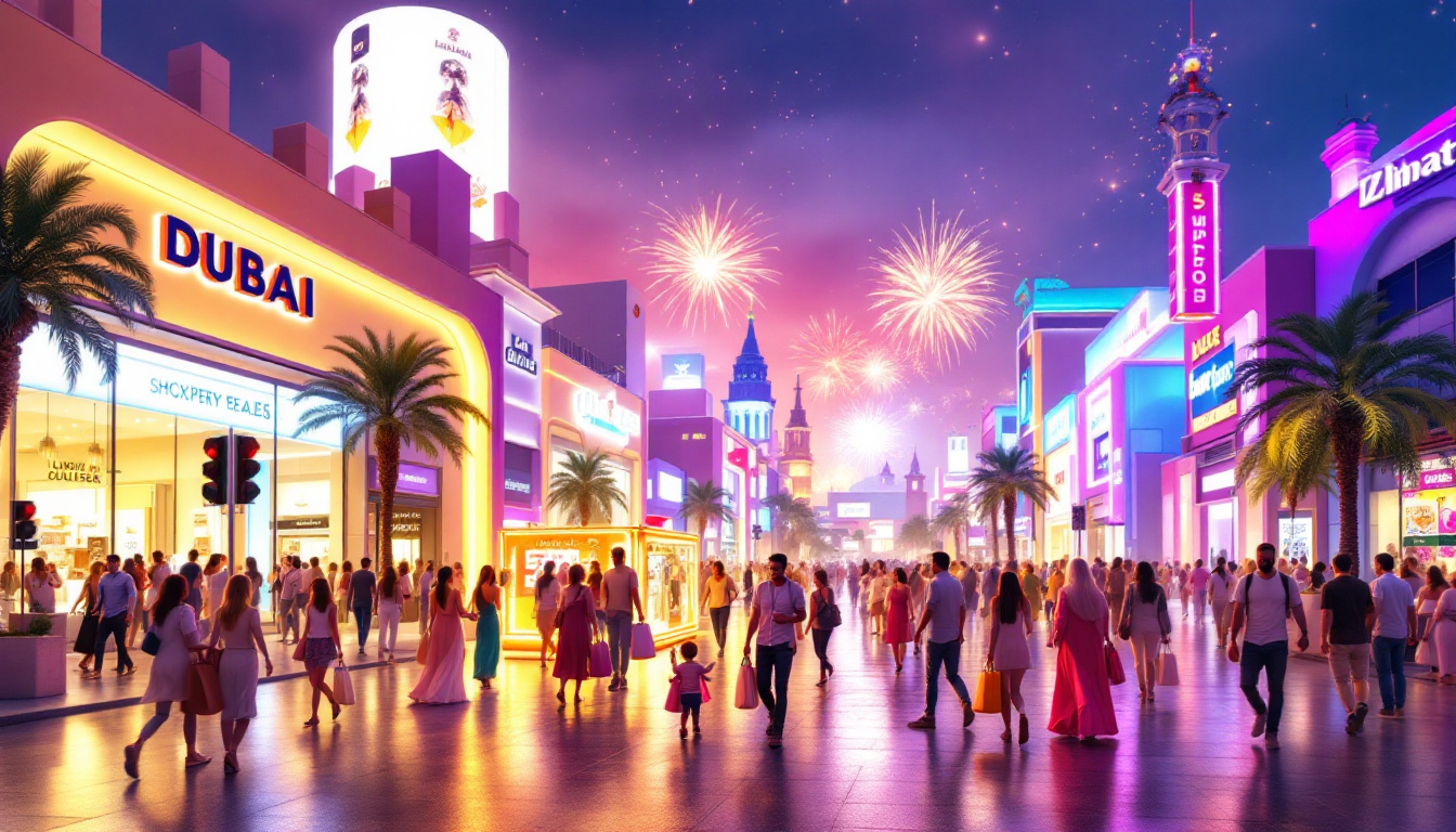 A lively evening scene of Dubai Shopping Festival 2025 with shoppers, flash-sale windows, festive lighting, and performers in a premium mall setting