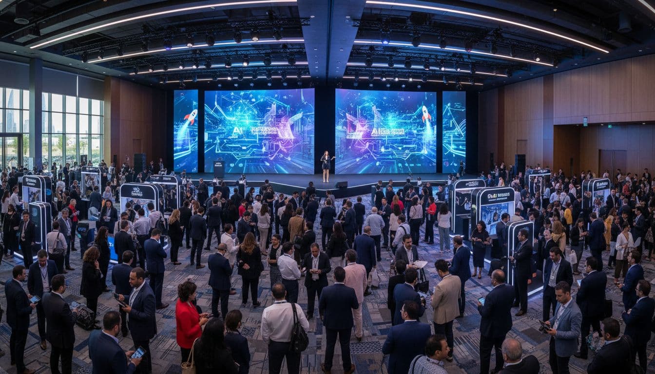 Large tech summit in a modern Dubai Silicon Oasis hall, with stage, screens and attendees networking.