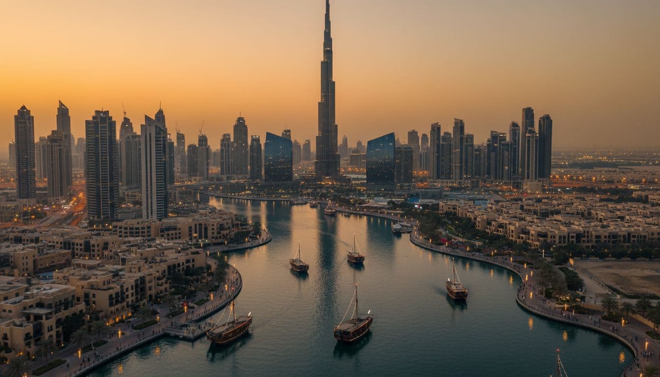 Dubai skyline at dusk featuring Burj Khalifa, dhows, and waterfront