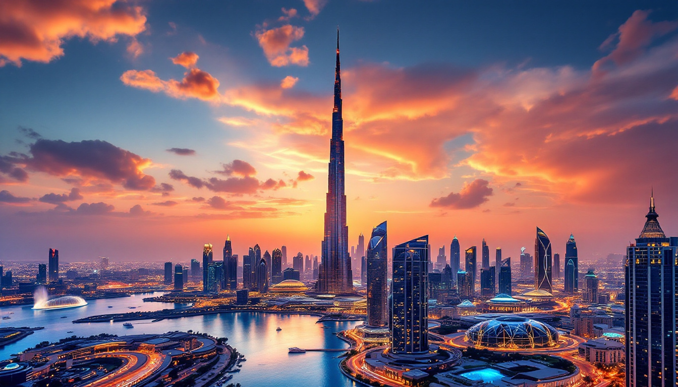 A vivid aerial of Dubai's skyline at dusk with Burj Khalifa and illuminated city lights, signalling a busy evening across the city