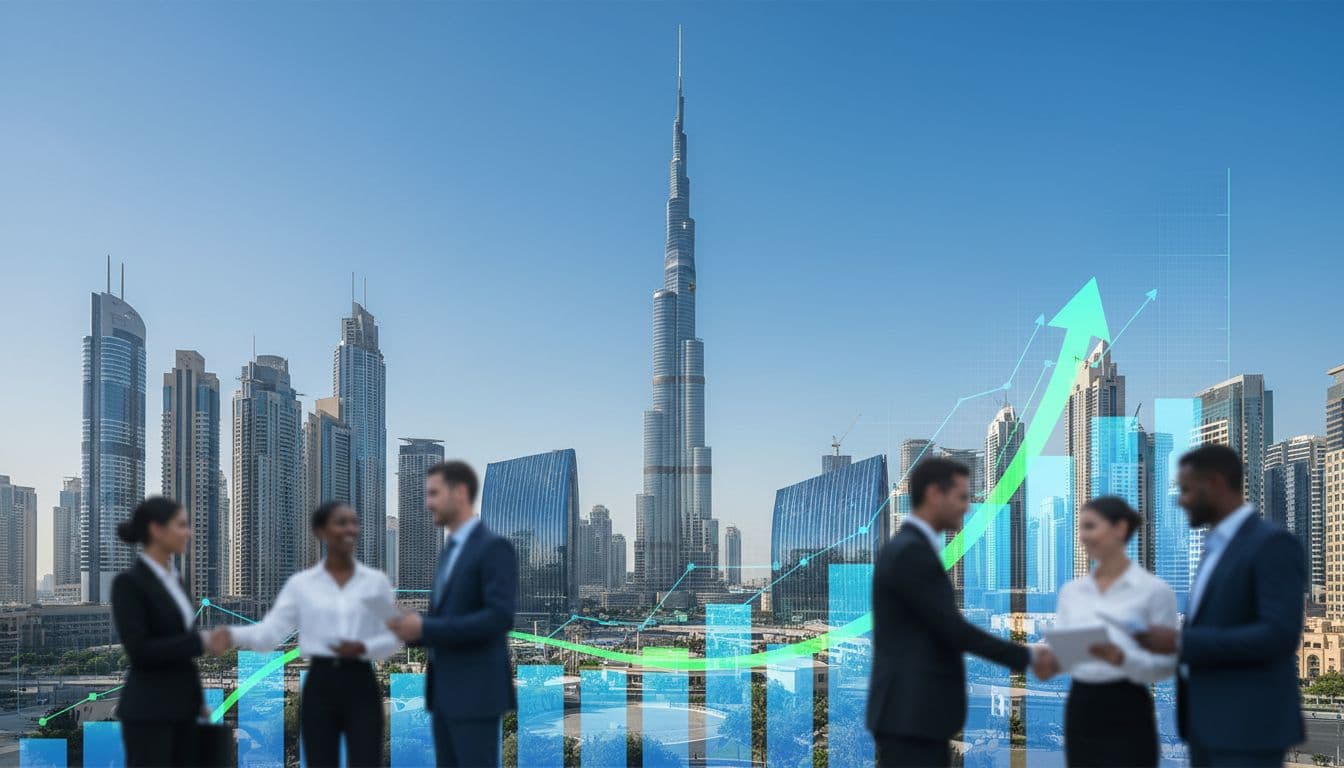 Dynamic view of Dubai skyline with Burj Khalifa and modern skyscrapers under a clear blue sky, symbolizing UAE economic growth, with business people networking and rising digital graphs in foreground.