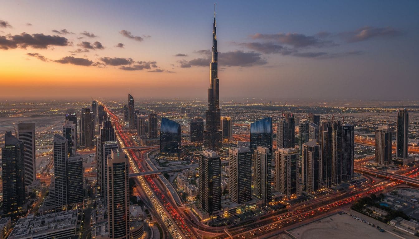 Dubai skyline at dusk, Burj Khalifa and Sheikh Zayed Road in view, traffic flowing through the central business district