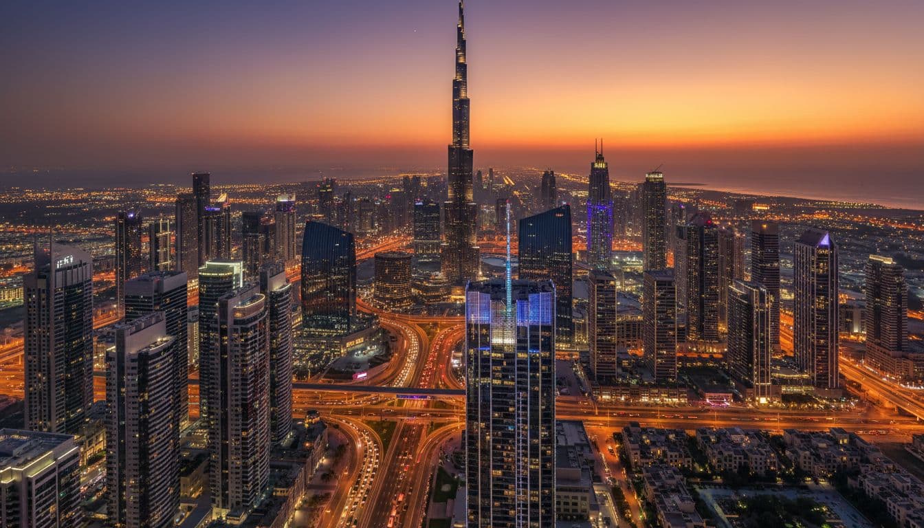 Aerial view of Dubai skyline at dusk with towers lit up, symbolising UAE business and economic growth.