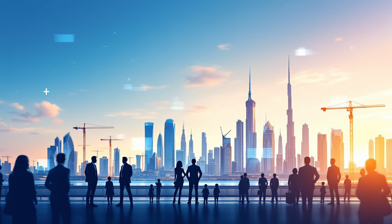 A vibrant landscape view of the Dubai skyline with cranes, modern buildings, digital overlays representing AI and transport and silhouettes of businesspeople in the foreground. Image created with AI.