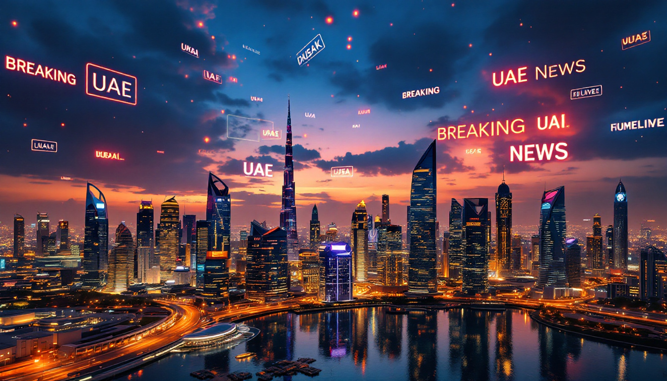 AI-generated image of the Dubai skyline at dusk with digital headlines floating, symbolising UAE breaking news.