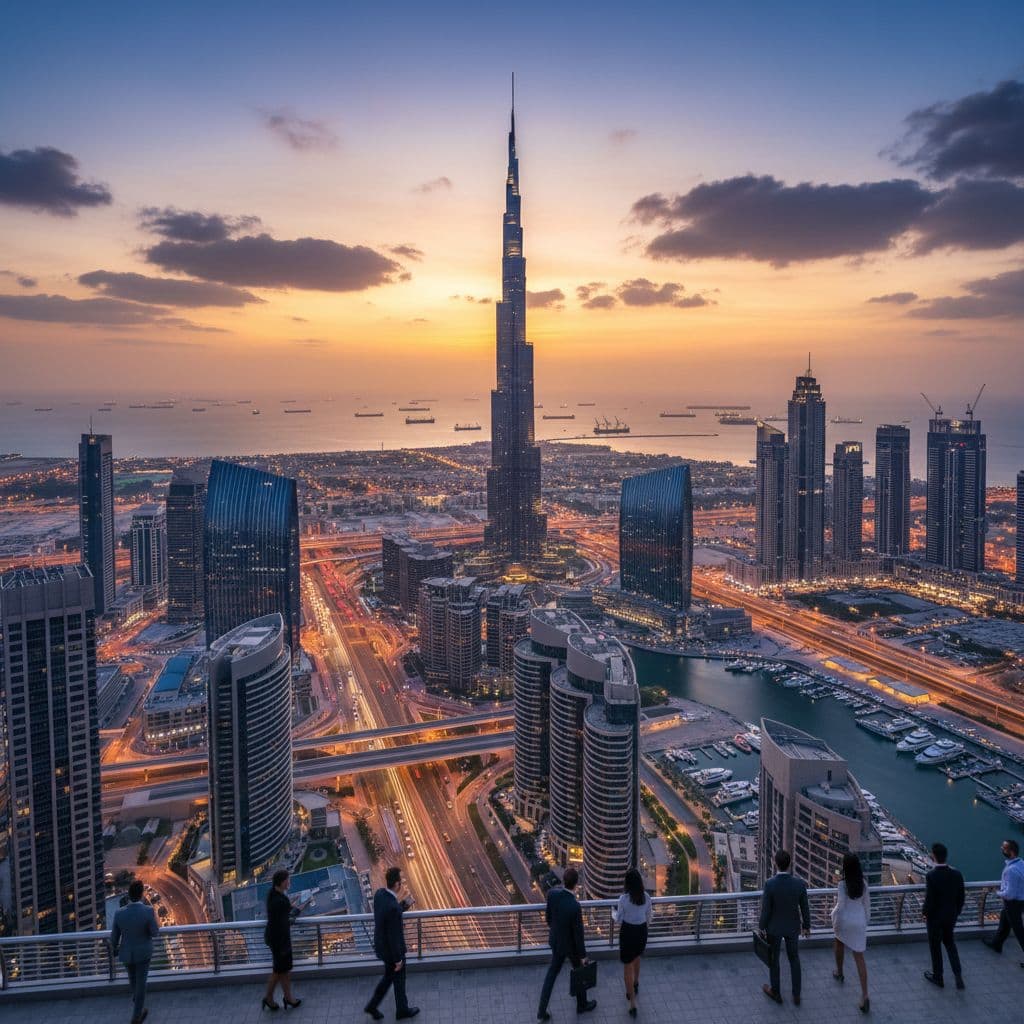 Aerial view of Dubai skyline at dusk, symbolising UAE business and trade growth. Image generated by AI.