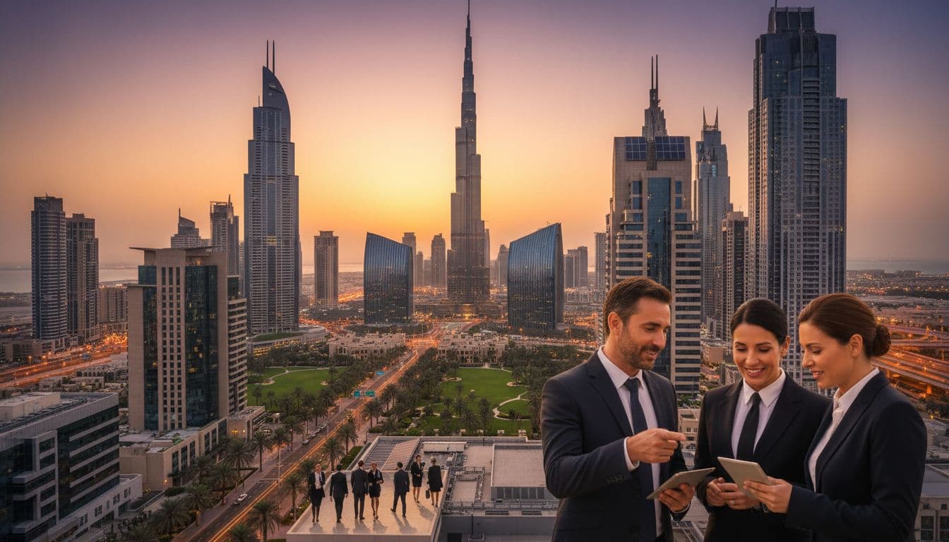 Dubai skyline at dusk with professionals walking, symbolising growth and innovation. Image created with AI.