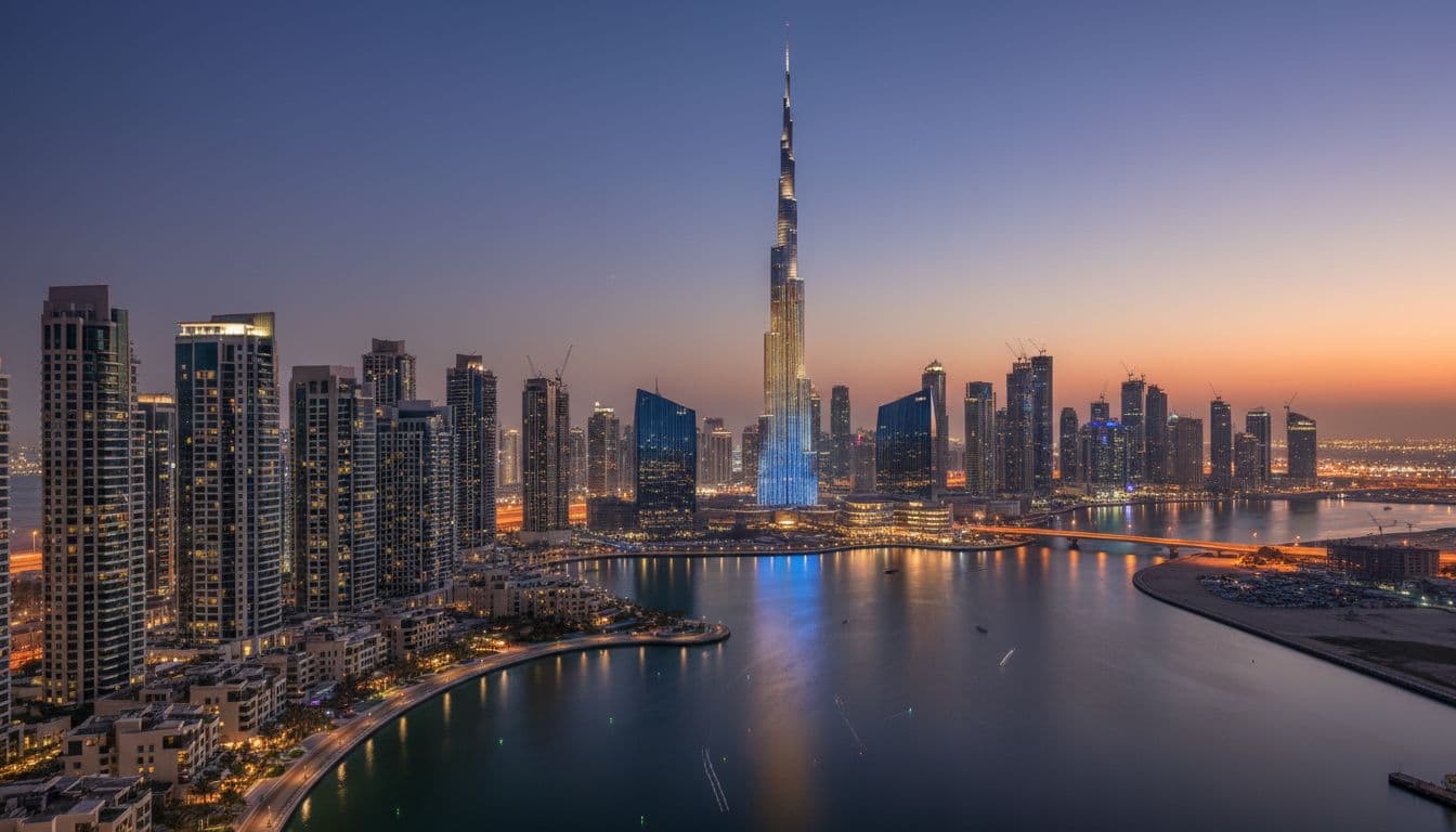 Dubai skyline at dusk with Burj Khalifa and waterfront real estate developments.