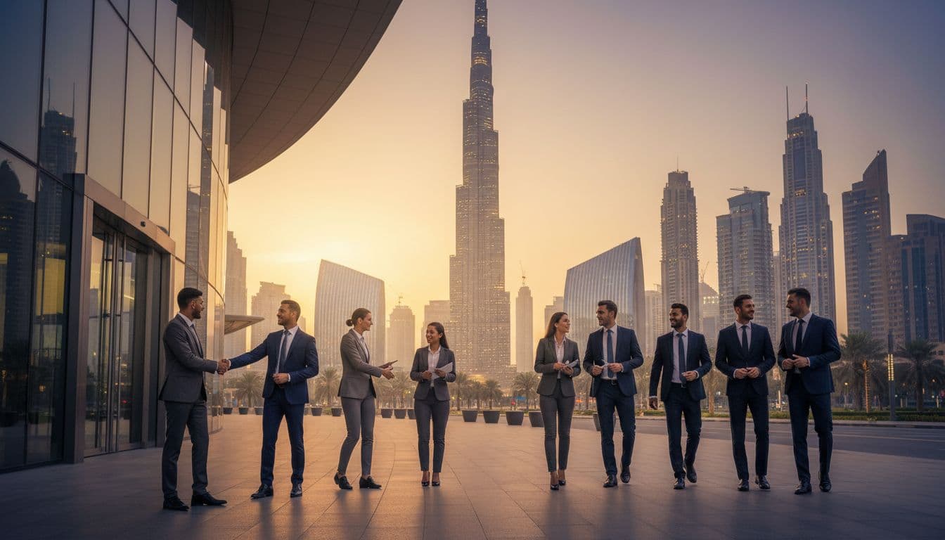 Dubai skyline at dusk with professionals walking to a conference, handshakes in the foreground, Burj Khalifa illuminated