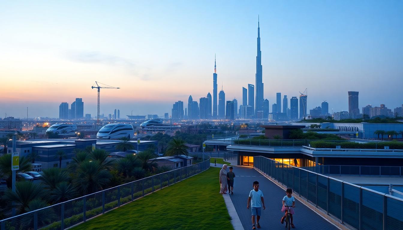 A detailed, high-resolution landscape showing a Dubai skyline at dusk with a clear sky, green rooftop gardens and solar panels, subtle public safety symbols visible, and an emphasis on clean air; foreground features people walking, a bike lane, and children playing; mood calm and optimistic. Image created with AI.