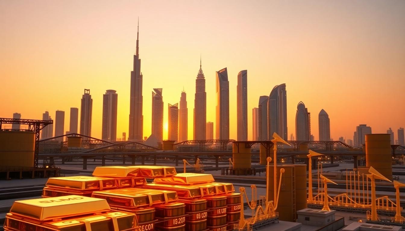 A high-detail composite image showing the Dubai skyline with gleaming gold bars and oil barrels, set against a sunrise. Energy charts in the foreground represent Dubai’s forward-thinking infrastructure. Image created with AI.