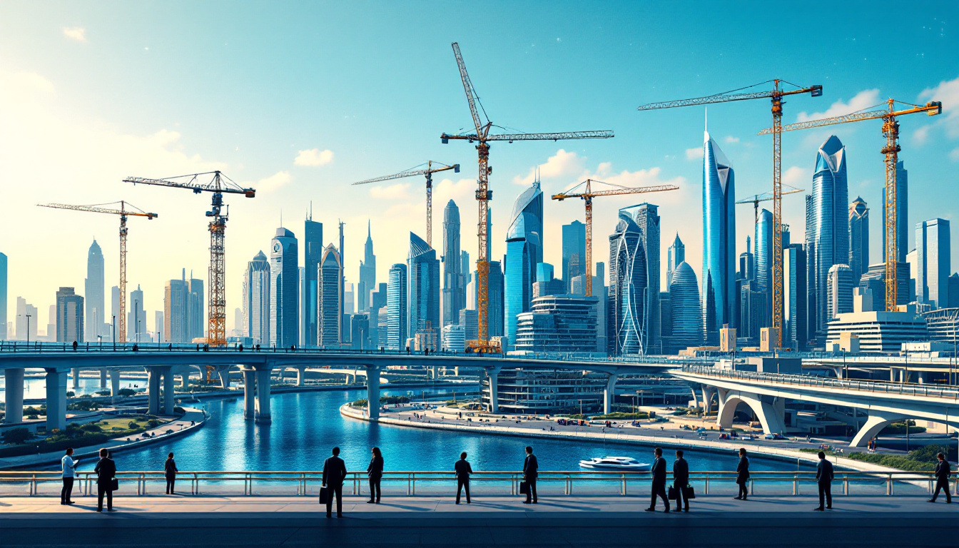 Dubai skyline with modern architecture, cranes, and new pedestrian bridges under a clear blue sky, with business people in the foreground. Image created with AI.