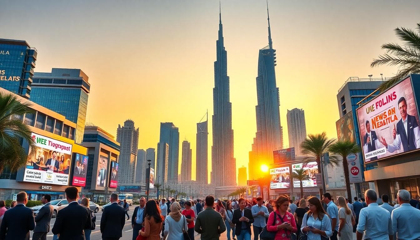 Dubai skyline at golden hour with residents checking news on phones, Burj Khalifa in view, city buzz and palm trees. Image created with AI