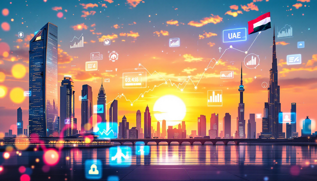 A vibrant editorial montage showing Dubai skyline at sunset with business and economy icons, energetic atmosphere. Image created with AI.