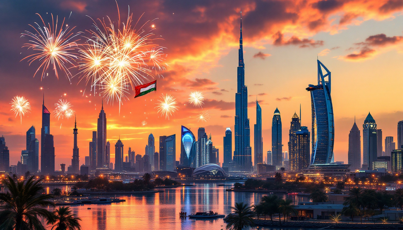 Dubai skyline at sunset, fireworks and UAE flag in a festive public holiday atmosphere. Image created with AI.