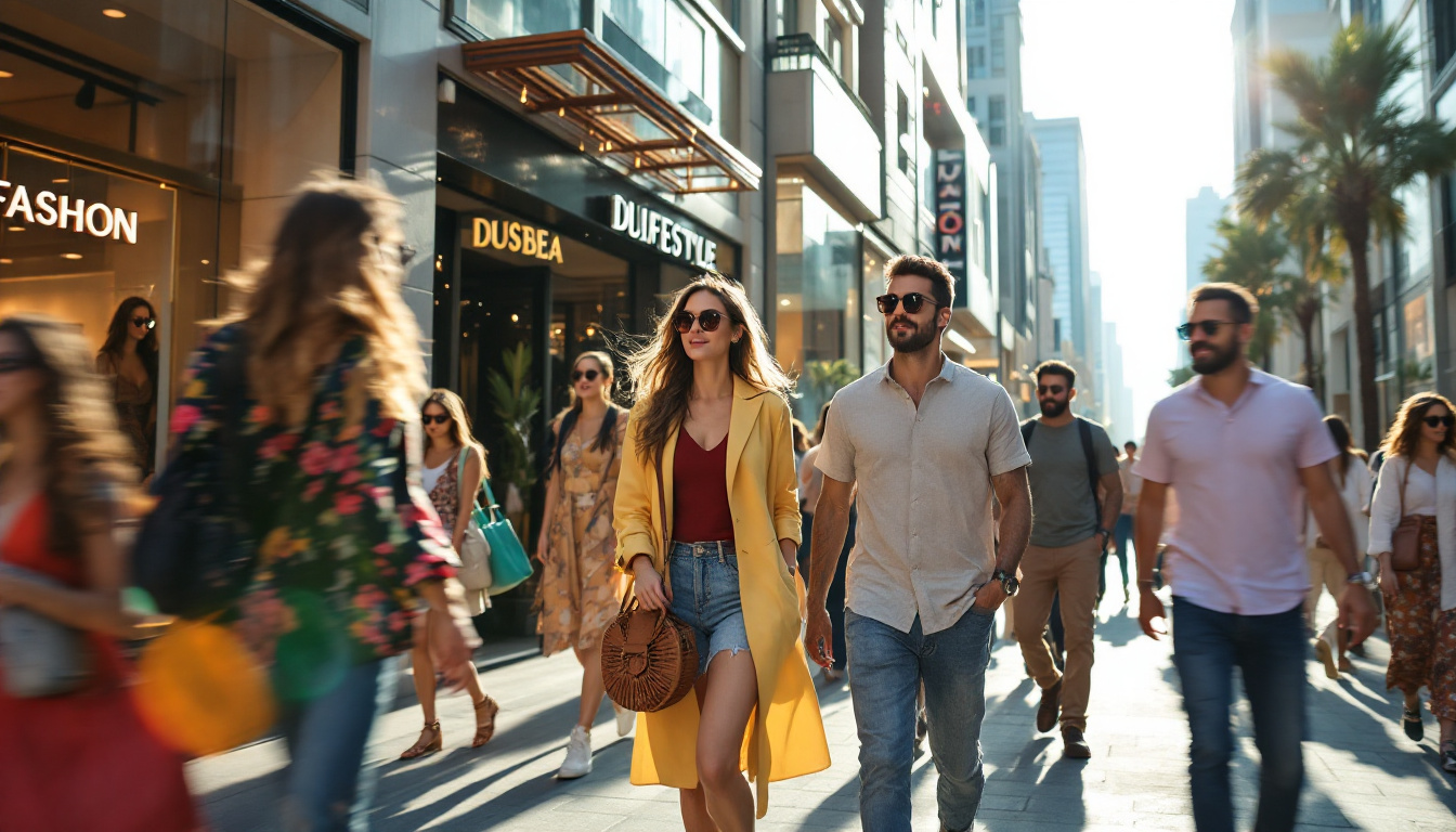 Busy Dubai fashion street scene with crowds, shops, and modern urban style. Image created with AI.