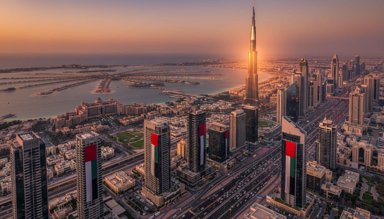 Aerial view of Dubai skyline at sunset with Burj Khalifa and Sheikh Zayed Road, symbolising UAE progress in policy, economy and innovation