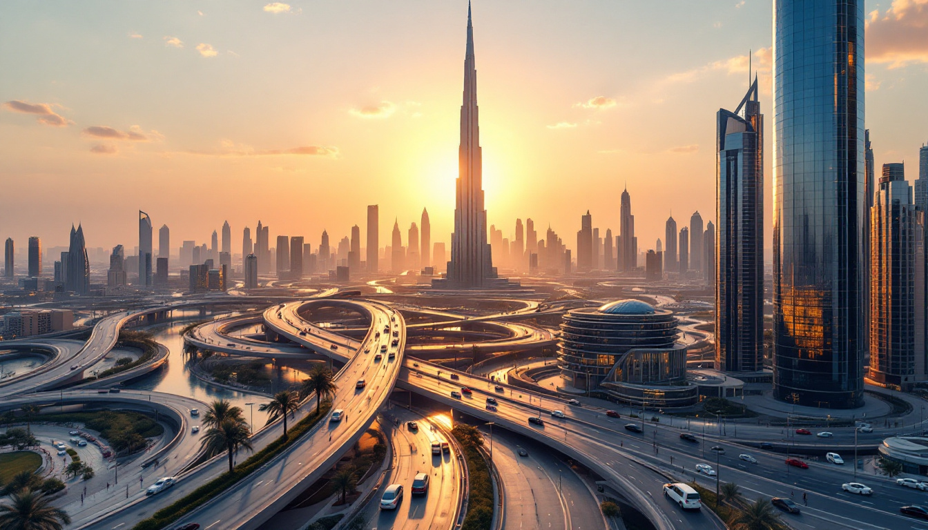 AI-generated photorealistic view of Dubai showing Burj Khalifa, busy new roads, cars, pedestrians, and golden sunlight reflecting off skyscrapers.