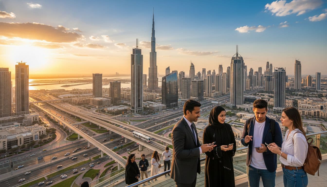 Dubai skyline at golden hour with people reading news on phones