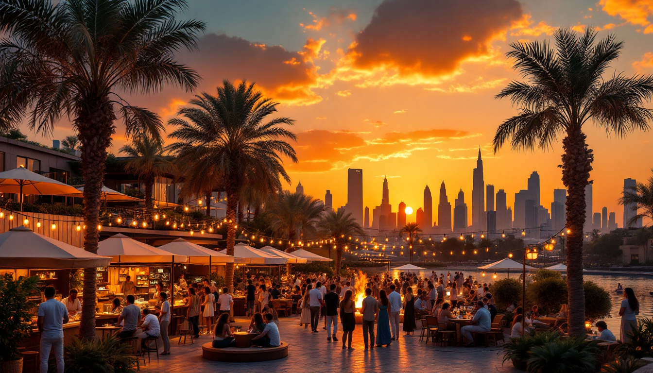 A lively sunset festival in Dubai—residents enjoy food stalls, music, and rooftop gardens beneath city skyscrapers and string lights. Image created with AI.