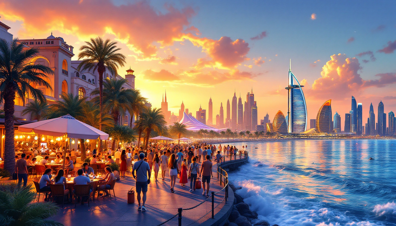 A vibrant, high-resolution illustration of Dubai's tourism and entertainment scene at sunset: luxury hotels along a palm-fringed coastline, people enjoying outdoor dining, a Dubai skyline with iconic towers, theatre and live music visuals, warm golden light, cinematic mood, in a modern hyper-real style.