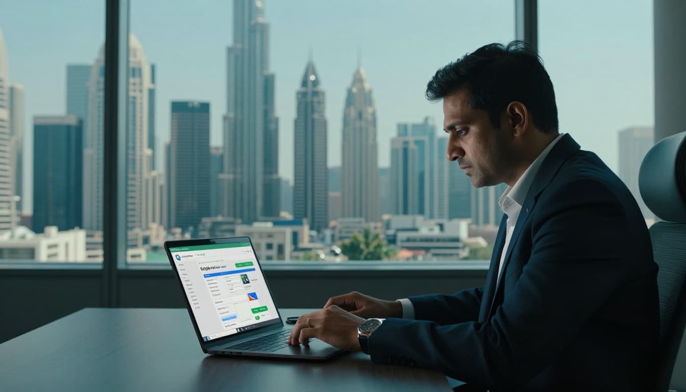 Modern UAE office with Dubai skyline background features exactly one South Asian business owner sitting relaxed at desk, viewing Google Maps local pack on angled laptop screen with no readable text, in professional attire with hands on desk, cinematic style with strong contrast, depth, dramatic lighting, and teal accents.