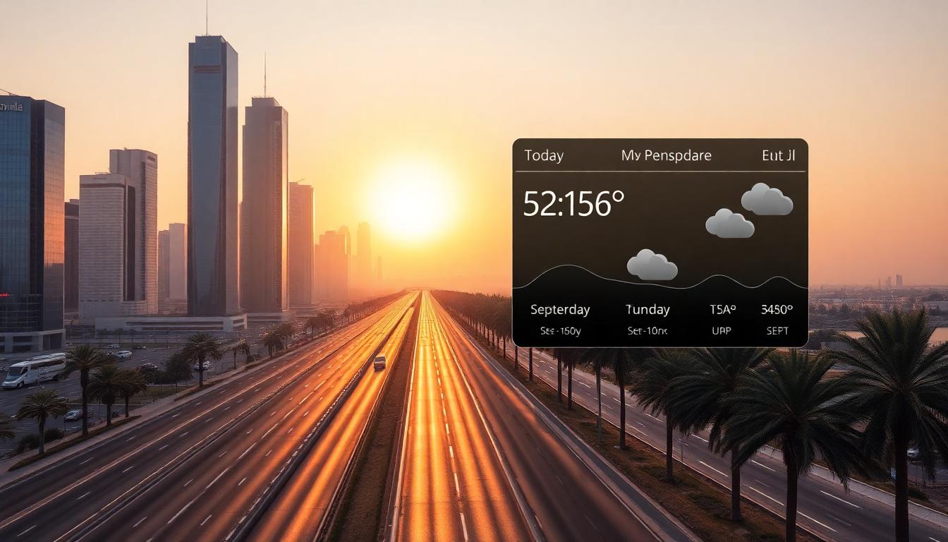 A sunlit Dubai skyline with heat haze and a digital weather dashboard overlay, perfect for a UAE weather update article. Image generated by AI.