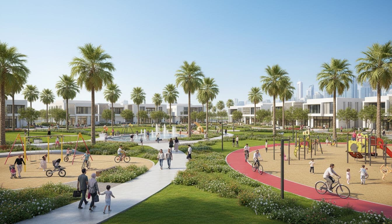 Modern Dubai neighbourhood park with families and cycling tracks