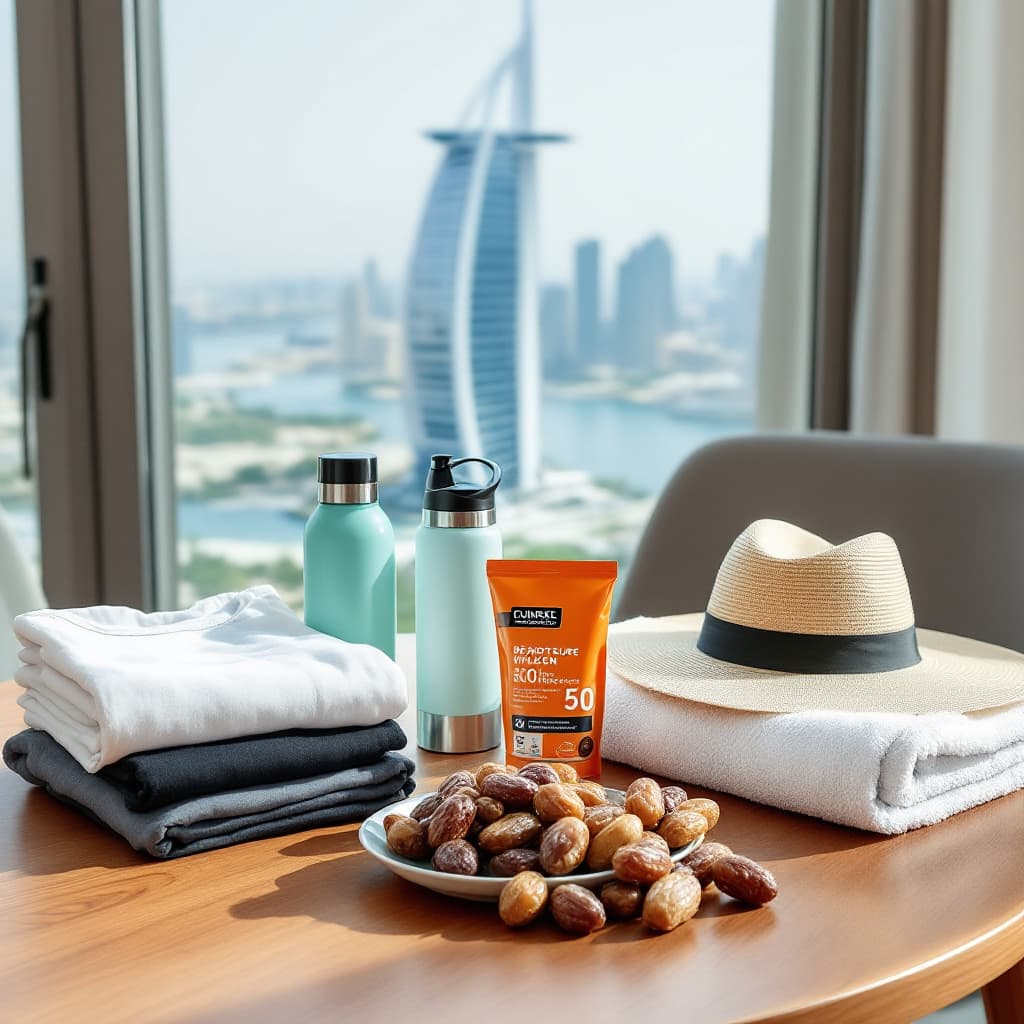 Neatly arranged Dubai workout essentials: breathable kit, water bottle, sunscreen, dates, running shoes and hat, with a coastal view