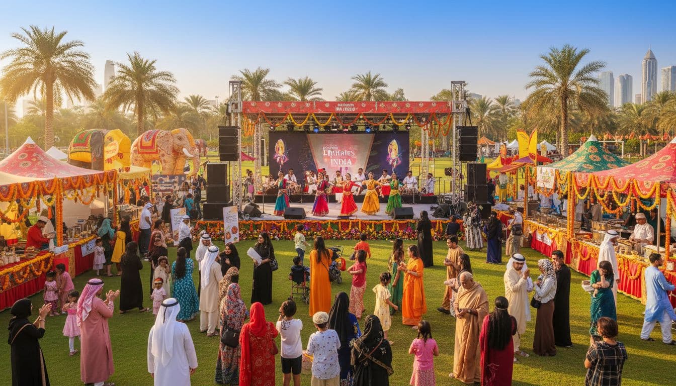 Families enjoying music, dance, and food at Zabeel Park for Emirates Loves India