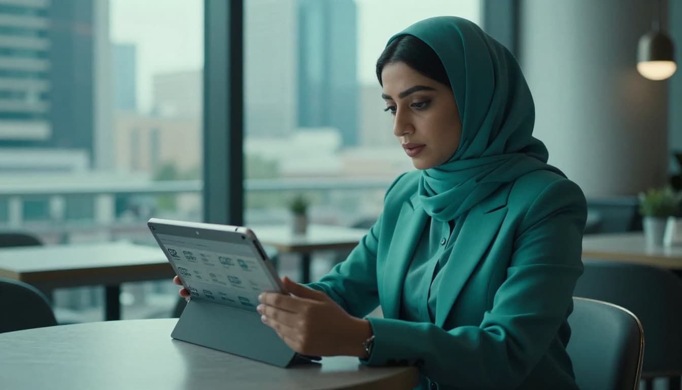 A diverse Emirati female entrepreneur sits in a modern Abu Dhabi cafe, naturally reviewing the GBP category selection process on a tablet with no visible screen text. The professional scene features cinematic lighting, teal accents, cityscape views, and a clean composition visualizing step-by-step category selection for local service businesses.