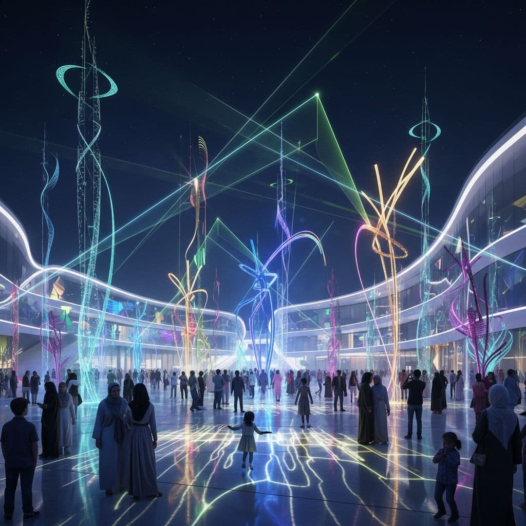 An Emirati-led light art exhibition at Expo City Dubai at night, with colourful installations and visitors enjoying the scene