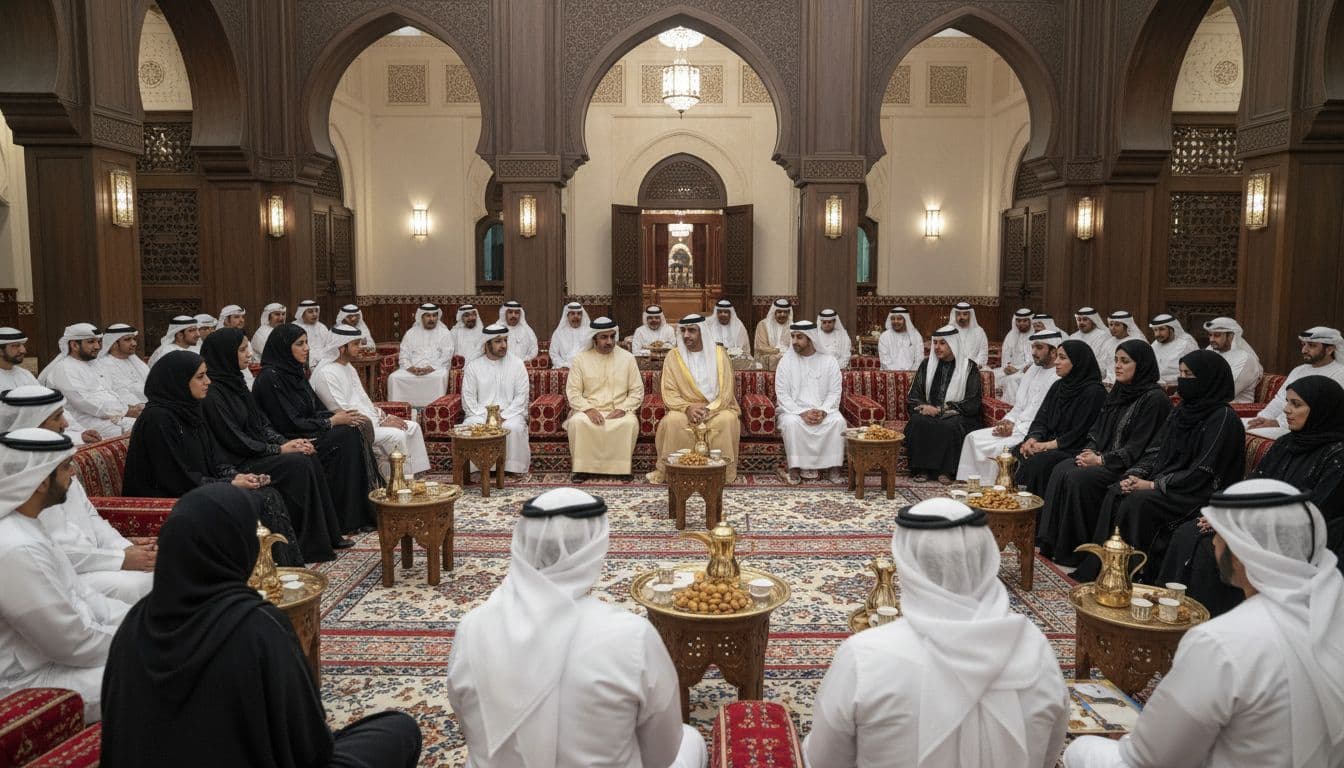 Traditional Emirati majlis gathering in Deira with families and dignitaries sharing coffee and dates in a warm indoor setting.