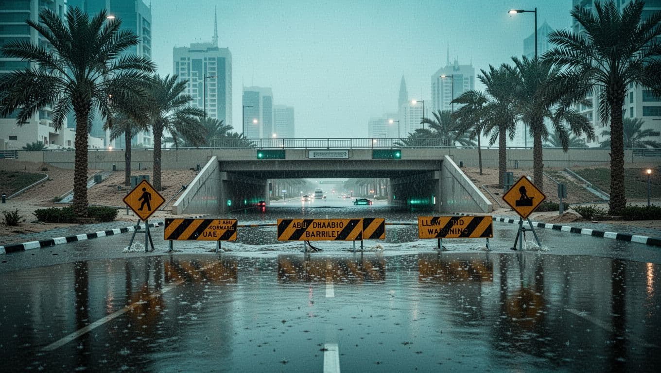A flooded low-lying road underpass in Abu Dhabi, UAE, following heavy rain, with barrier signs warning drivers amid standing water reflections, wet palms, and a hazy urban sky. The empty cinematic scene features strong contrast, dramatic lighting, and teal accents, highlighting flood safety risks.